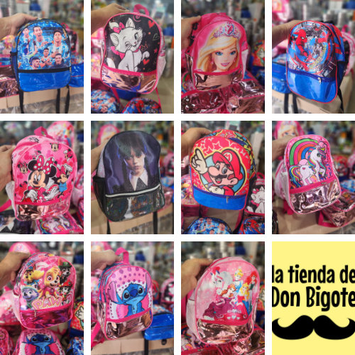 L.MOCHILAS DE BRILLO C/BOLSILLO 10P.2 CIERRES30X23X11CM JARDIN SELECCION MERLINA STICH MAR