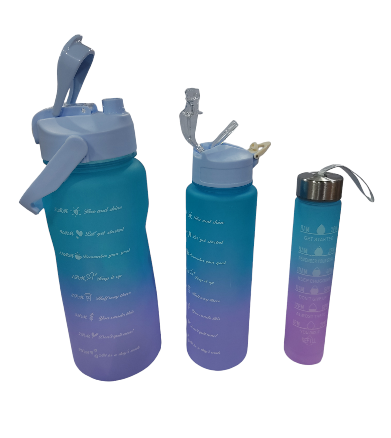 BOTELLAS MOTIVACIONAL SET X3 BOTELLAS -2LT-  900ML-300ML DEPORTIVAS PLASTICAS C/STICKERS