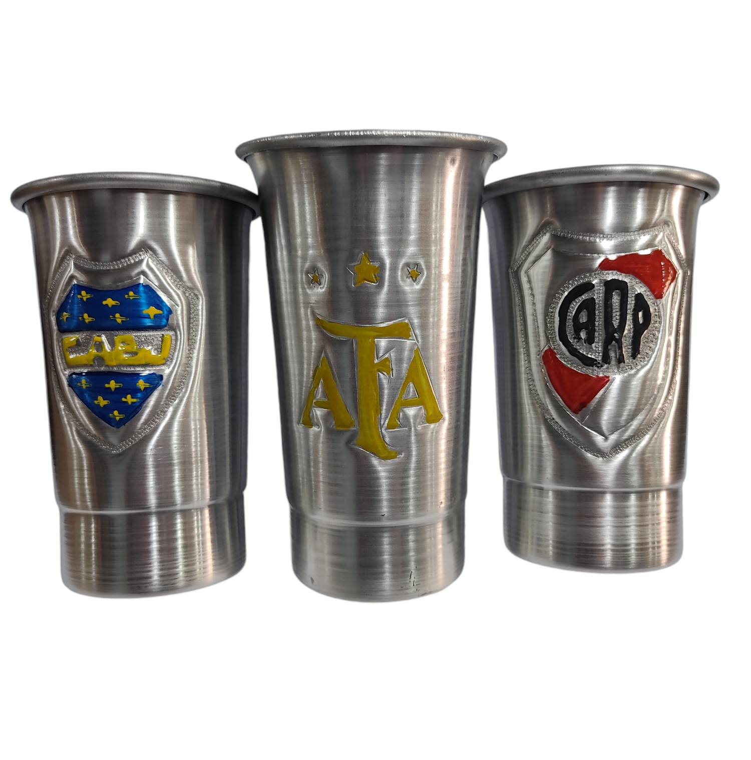 ALE.VASOS 1L ALUMINIO CINCELADOS 16CM ESCUDOSPINTADOR GDE SOLO BOCA Y RIVER ARGENTINA