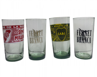 VASOS VIDRIO BOCA RIVER FERNET ALTO DECORADO 21CM ALTO X 10CM DIAMETRO 800ML